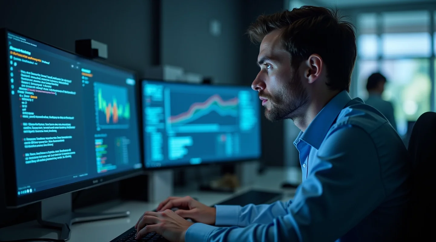 Analyst reviewing security output on a monitor