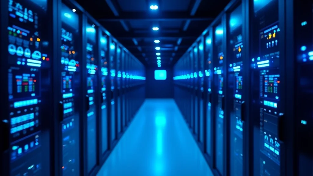 Server room with equipment racks lit in blue